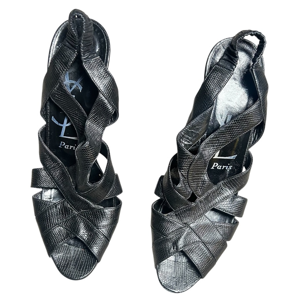 Yves Saint Laurent YSL Vintage Embossed Block Heel Peep Toe Sandals Size 9N - Picture 3 of 8